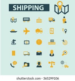 Shipping, delivery, logistics, warehouse, truck, map, distribution, storehouse, transportation, industry, crane, export, import, port, railway, luggage, containter icons, signs concept vector 
