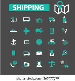 Shipping, delivery, logistics, warehouse, truck, map, distribution, storehouse, transportation, industry, crane, export, import, port, railway, luggage, containter icons, signs concept vector 
