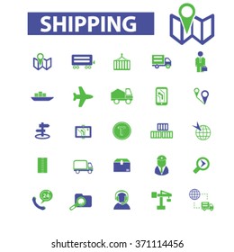 Shipping, delivery, logistics, warehouse, truck, map, distribution, storehouse, transportation, industry, crane, export, import, port, railway, luggage, containter icons, signs concept vector 
