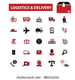 Shipping, delivery, logistics, warehouse, truck, map, distribution, storehouse, transportation, industry, crane, export, import, port, railway, luggage, containter icons, signs concept vector 