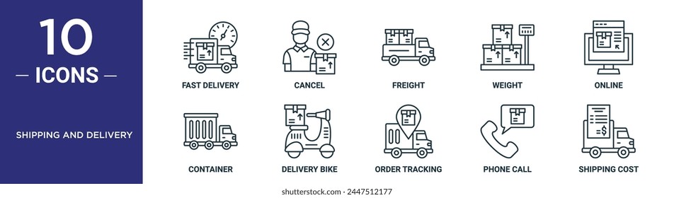 shipping and delivery outline icon set includes thin line fast delivery, cancel, freight, weight, online, container, delivery bike icons for report, presentation, diagram, web design