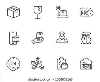 Shipping and delivery outline vector icons isolated on white background. Express delivery and global logistics line icons for web, mobile apps and ui design