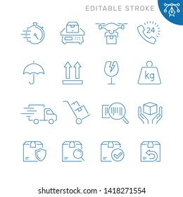 Shipping and delivery related icons. Editable stroke. Thin vector icon set