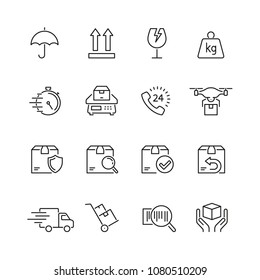Shipping and delivery related icons: thin vector icon set, black and white kit