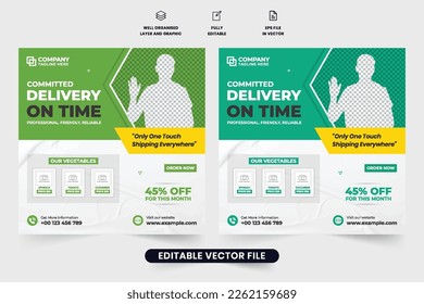 Diseño de banner web promocional de servicios de envío y entrega con colores amarillo y verde. Vector de afiches modernos para el negocio de la entrega de alimentos. Entrega de supermercados y negocio de mensajería.