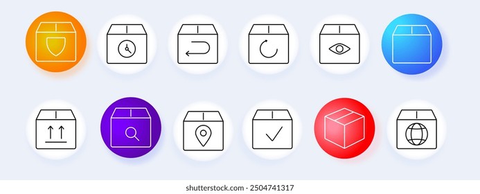 Shipping and delivery set icon. Package, tracking, return, secure, logistics, global, search, vector, graphic, technology.