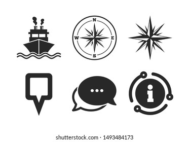 Shipping delivery sign. Chat, info sign. Windrose navigation compass icons. Location map pointer symbol. Classic style speech bubble icon. Vector