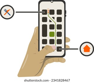 Seguimiento de envío o entrega, con ruta, mostrado en un mapa desde un teléfono celular con manos, ideal para aplicaciones de entrega de comida