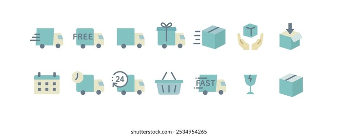 Shipping and Delivery Truck Icon Vector Material Set (Color Scheme: Blue)