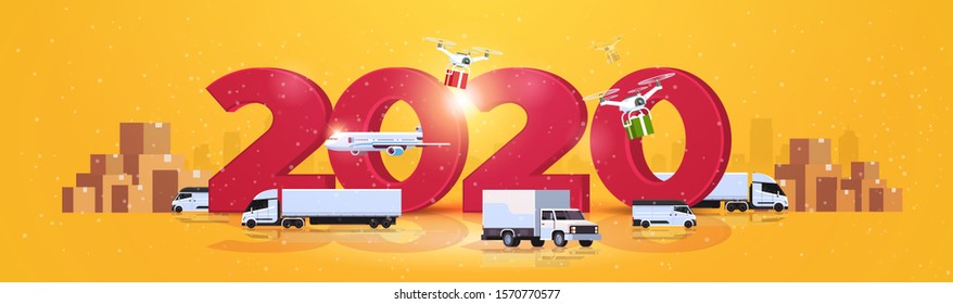 shipping delivery truck quadcopter plane cargo transport global logistic network concept horizontal 2020 cardrboard boxes background horizontal vector illustration