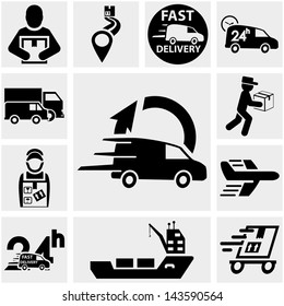 Shipping and delivery vector icons set on gray.