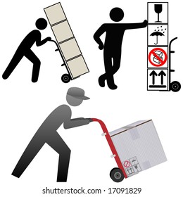 Shipping department delivery people deliver packages, cartons, boxes, icons, symbols, & elements on a hand truck.