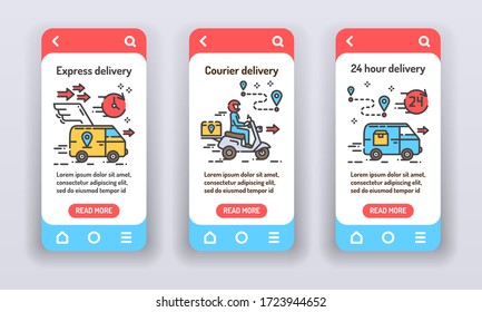 Shipping and distribution goods on mobile app onboarding screens. Express, 24-hour, courier delivery. Banners for website on red background and mobile kit development. UI UX GUI template.