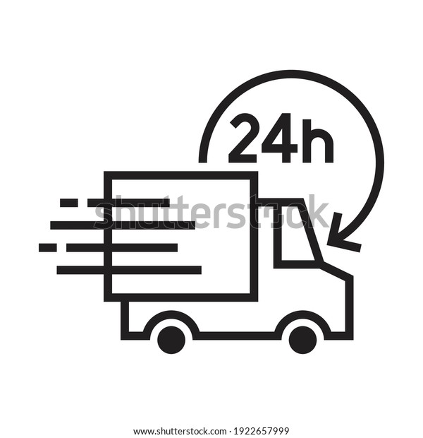 Shipping fast delivery 24h truck with\
arrow clock icon symbol, Pictogram flat design for apps and\
websites, Isolated on white background, Vector\
illustration