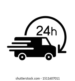 Shipping fast delivery 24h van with arrow clock icon symbol, Pictogram flat design for apps and websites, Isolated on white background, Vector illustration