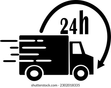 Versand schnell Lieferung 24h Van mit Pfeil-Uhr Symbol. Piktogramm flaches Design für Apps und Websites. Ersetzbares Vektordesign. Vektorgrafik.