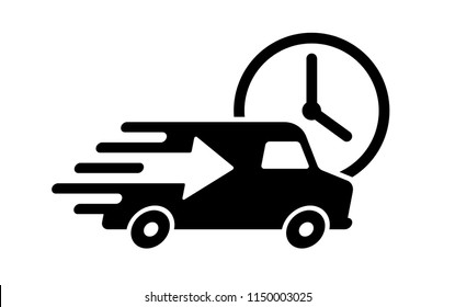 Shipping fast delivery arrow van with clock icon symbol, Pictogram flat design for apps and websites, Track and trace processing status, Isolated on white background, Vector illustration