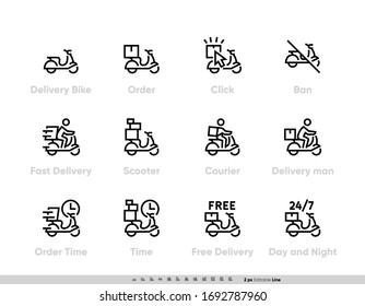 Shipping Fast Delivery icon set. Order, Scooter, Order Time, Free Delivery Pictogram Editable Outline design for apps and websites. Vector illustration isolated on white background