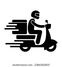 Shipping fast delivery man riding motorcycle icon symbol. Flat design pictogram for apps and websites. Editable EPS 10 vector illustration isolated on white background, 