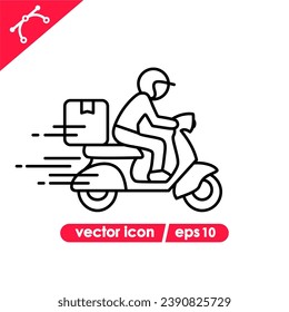 Shipping fast delivery man riding motorcycle icon symbol, Pictogram flat outline design for apps and websites, Track and trace processing status, Isolated on white background, Vector illustration