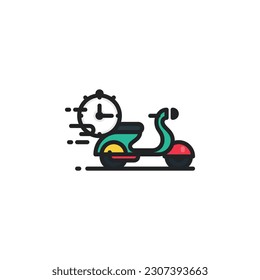 Shipping fast delivery, motorcycle with clock filled outline icons. Vector illustration. Isolated icon suitable for web, infographics, interface and apps.
