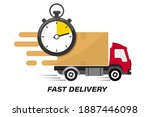 Shipping fast delivery truck with clock. Online delivery service. Express delivery, quick move. Fast shipping truck for apps and websites. Line cargo van moving fast. Chronometer, fast service 24 7