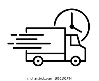 Shipping fast delivery truck with clock icon symbol, Pictogram flat outline design for apps and websites, Isolated on white background, Vector illustration