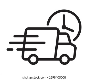 Shipping fast delivery truck with clock icon symbol, Pictogram flat outline design for apps and websites, Isolated on white background, Vector illustration