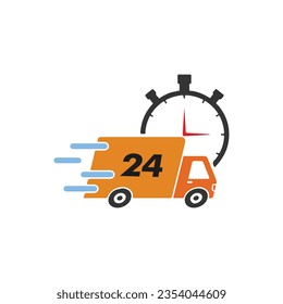 Shipping fast delivery truck with clock. Online delivery service. Express delivery, quick move. Fast shipping truck for apps and websites. van moving fast. Chronometer, fast service 24 7