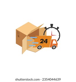 Shipping fast delivery truck with clock. Online delivery service. Express delivery, quick move. Fast shipping truck for apps and websites. van moving fast. Chronometer, fast service 24 7