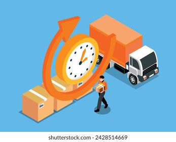 Shipping fast delivery truck with clock. Online delivery service. Express delivery 3d isometric vector illustration