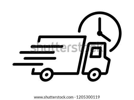 Shipping fast delivery truck with clock icon symbol, Pictogram flat outline design for apps and websites, Isolated on white background, Vector illustration