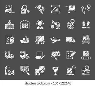 Shipping, flat badges, pencil hatching, white, vector. Cargo transportation and delivery of goods. White icons on grey background. Imitation of pencil hatching.  Vector clip art. 