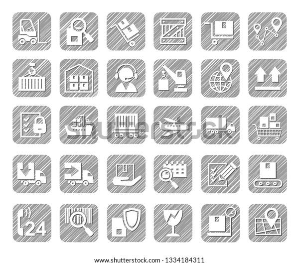 Shipping, flat\
icons, pencil hatching, vector. Cargo transportation and delivery\
of goods. White flat icons on a grey shaded background. Vector clip\
art. Simulation of shading.  \
