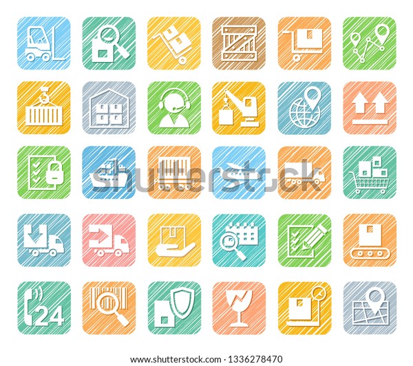 Shipping, flat icons, pencil hatching, colored, vector.\
Cargo transportation and delivery of goods. White flat icons on a\
colored shaded background. Simulation of shading. Vector clip art.\
