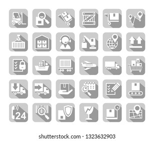 Shipping, flat icons, vector. Cargo transportation and delivery of goods. White flat icons on grey background with shadow. Vector clip art.