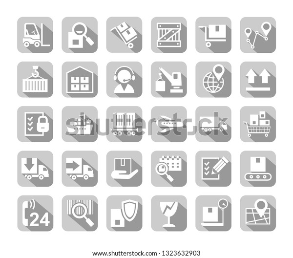 Shipping, flat icons, vector. Cargo transportation\
and delivery of goods. White flat icons on grey background with\
shadow. Vector clip\
art.