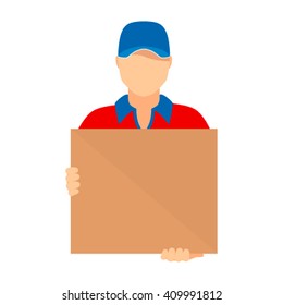 Shipping Flat Icons For Web. A Man Holding A Box. Vector Illustration Isolate On A White Background