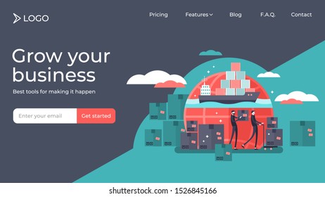 Shipping flat tiny persons vector illustration landing page template design. Transport logistic or delivery service by sea or ocean. Cargo package moving industry. Industrial global trade harbor work.