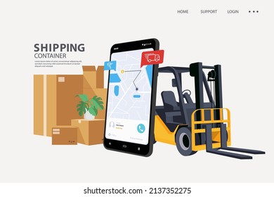 Shipping with Forklift loads packages on mobile vector