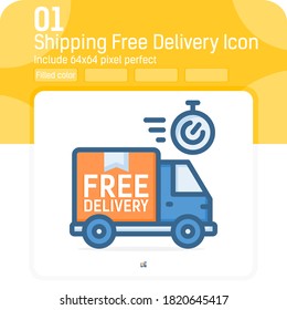 Shipping free delivery icon with outline color style isolated on white background. Vector illustration truck or van symbol icon design for websites, mobile app, UI, UX, transport, shipping or logistic