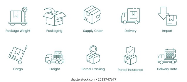 Shipping and Freight Management Vector Icon Set for Packaging, Cargo, and Parcel Services