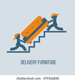 Shipping furniture. Vector illustration. Two porter carrying the sofa up the stairs.