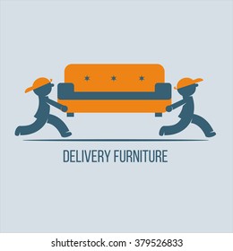 Shipping furniture. Vector logo, sign. Movers carry a couch.