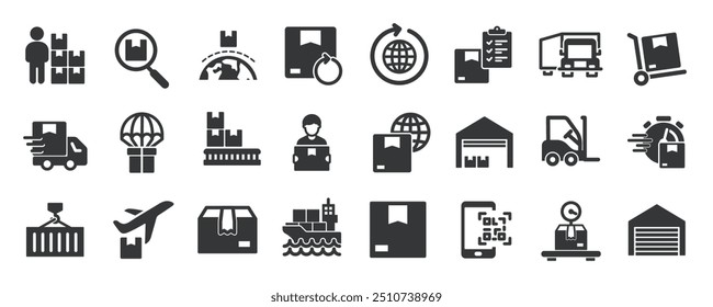 Coleção de ícones sólidos do glifo de remessa. Contendo entrega, logística, depósito, carregamento. Ilustração de vetor de série de símbolos e ícones mínimos