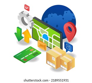 Shipping goods with world map in isometric illustration