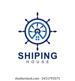 Shipping House Logo Design Template. Ship Steering Wheel With Roof.