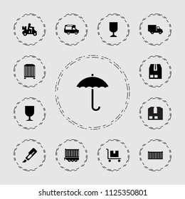 Shipping icon. collection of 13 shipping filled icons such as cutter, delivery bike, van, cargo box, fragile cargo. editable shipping icons for web and mobile.