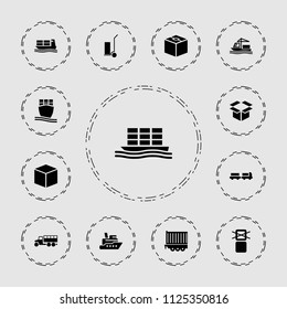 Shipping icon. collection of 13 shipping filled icons such as truck with luggage, cart cargo, box, ship, cargo only in box allowed. editable shipping icons for web and mobile.