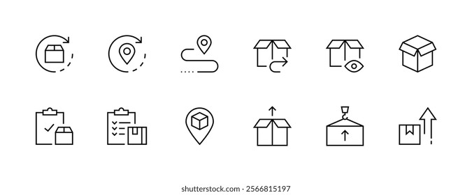 Shipping icon collection. Delivery icon set. Package box, tracking, supply chain, cargo delivery, container, order, movement and more. Editable stroke. Pixel Perfect. Grid base 32px.